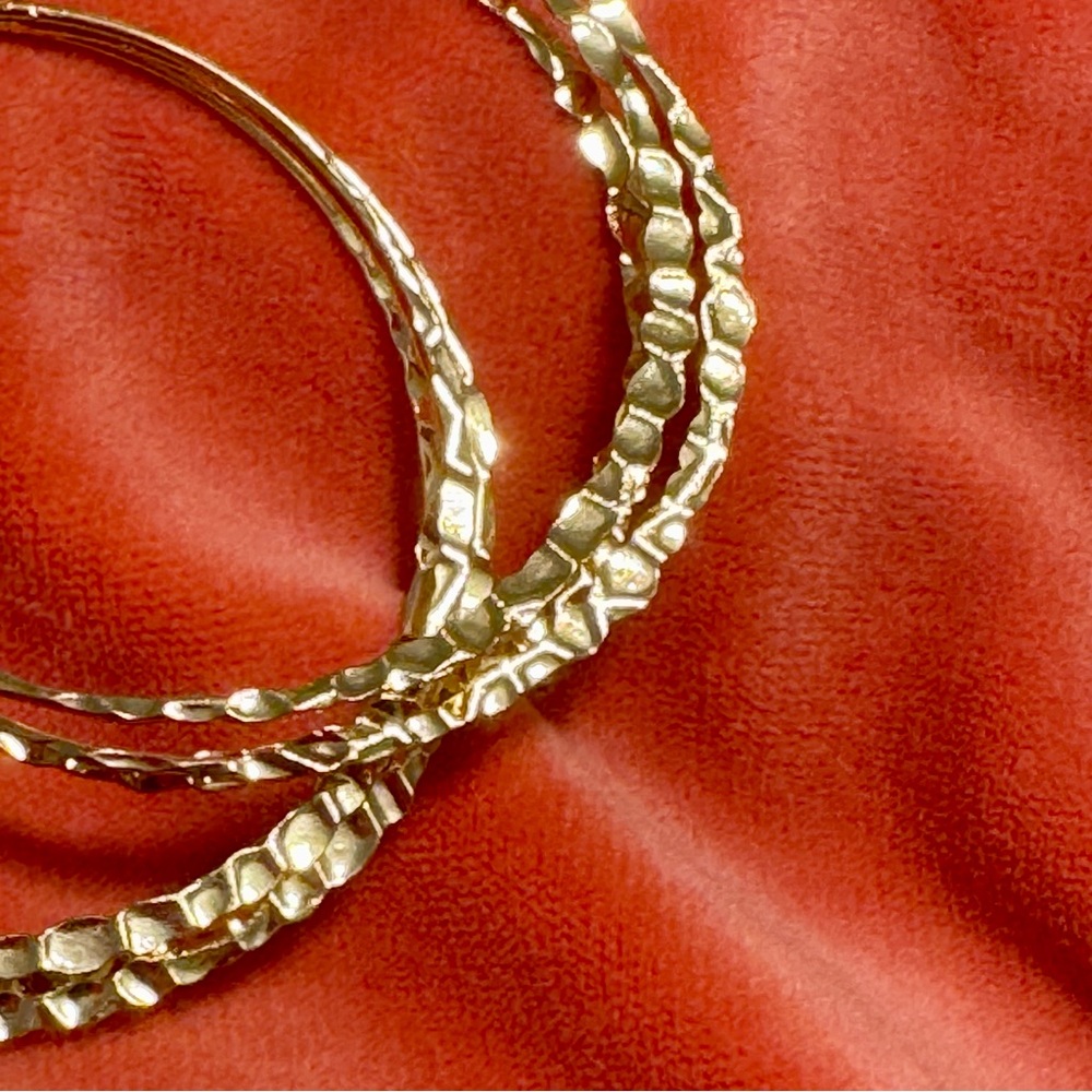 Hammered Gold Triple Layer Gold Hoop Earrings Lightweight Three Ring Hoops - Picture 2 of 5